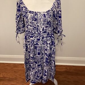 PUFF SLEEVE RESORT PRINT DRESS (Color: Blue/ White)